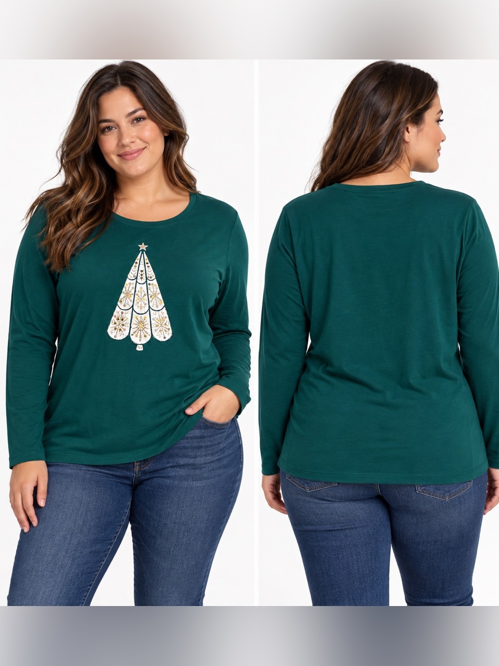croft & barrow Teal Long-Sleeve women Tee with White & Gold Tree